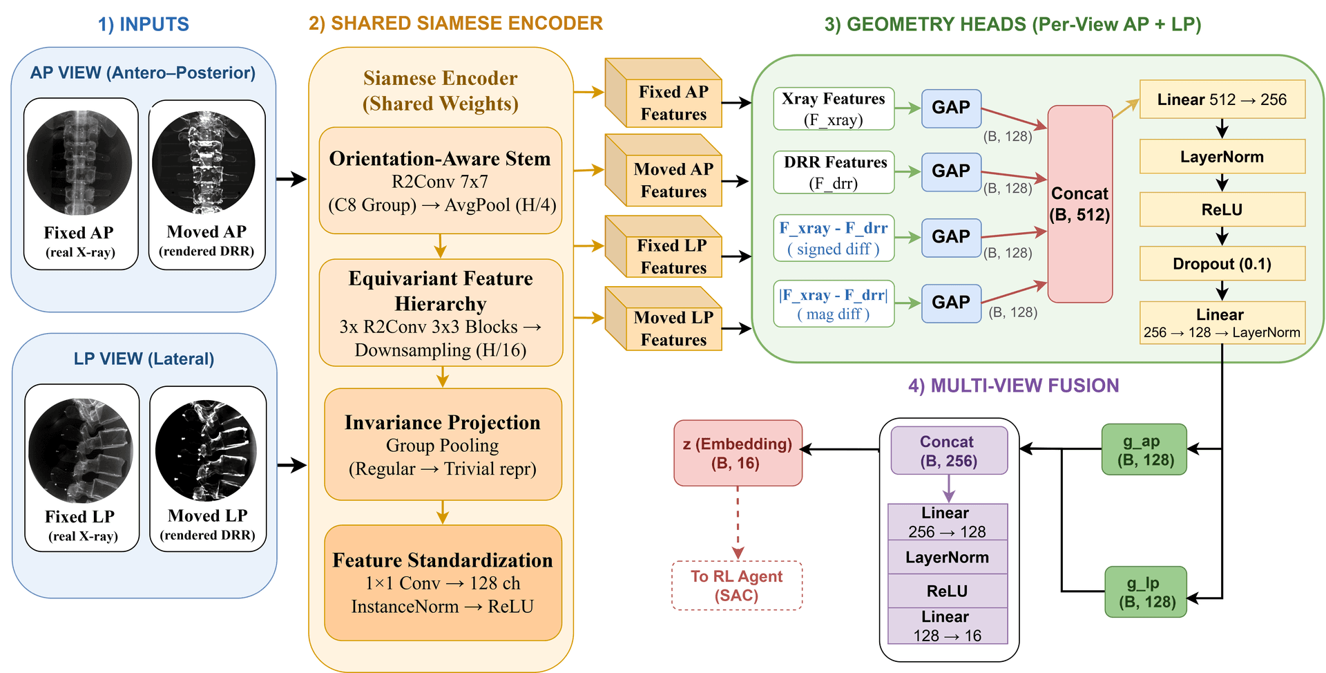 Rotational feature encoder: Siamese R2Conv branches over AP and LP DRR-X-ray pairs fused into a 16-d embedding.